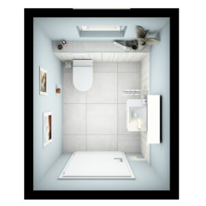 Web_ocean_Grundriss-badidee-01-badista Vogelperspektive eines modernen Gäste WC's mit Handwaschbecken und wandhängendem WC in stilvoller, hell gestalteter Umgebung.