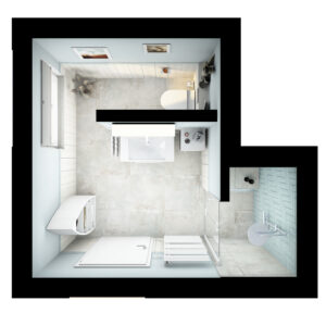 Web_ocean_Grundriss-badidee-02-badista Vogelperspektive eines Badezimmers mit Waschtisch, Dusche, WC und Handtuchheizkörper in stilvoller, hell gestalteter Umgebung.