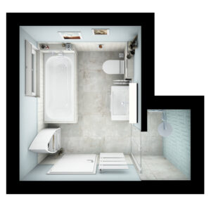 Web_ocean_Grundriss-badidee-03-badista Vogelperspektive eines modernen Badezimmers mit Badewanne, Dusche, WC und Waschbecken in stilvoller, hell gestalteter Umgebung.