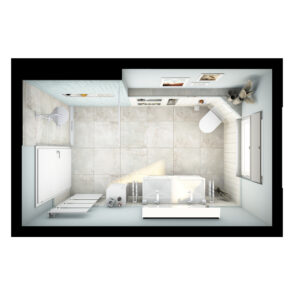 Web_ocean_Grundriss-badidee-04-badista Vogelperspektive eines modernen Badezimmers mit Doppelwaschtisch, Dusche, WC und Handtuchheizkörper in stilvoller, hell gestalteter Umgebung.