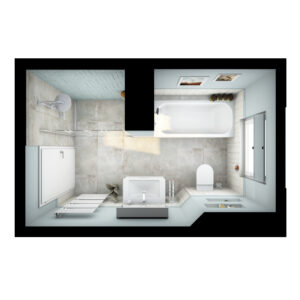 Web_ocean_Grundriss-badidee-05-badista Vogelperspektive eines Badezimmers mit Badewanne, Dusche, WC und Waschbecken in stilvoller, hell gestalteter Umgebung.