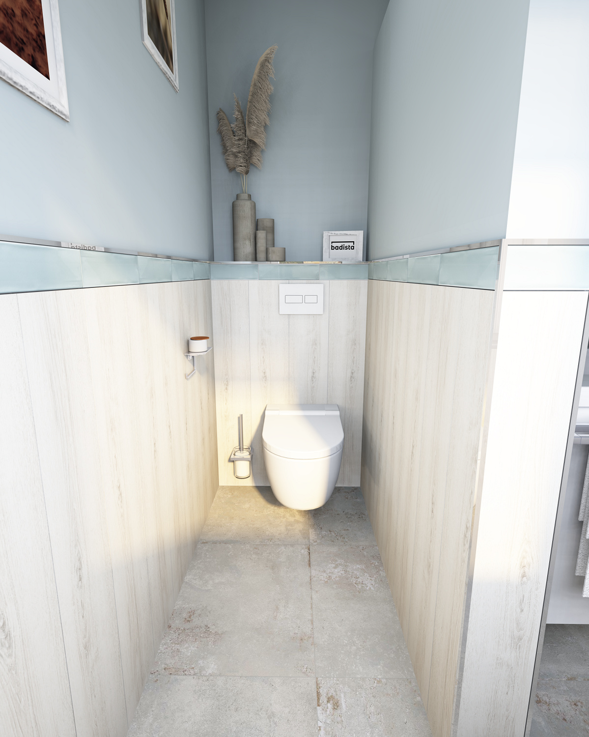 web-ocean-1200×1500-dusch-wc-badista Modernes Bad mit hellen Holzpaneelen, wandhängender Toilette und stilvoller Dekoration in beruhigenden Blautönen.