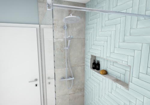 Begehbare Dusche mit großer Hansgrohe Regendusche, hellen Fliesen und integriertem Ablagefach in stilvollem Badezimmer.