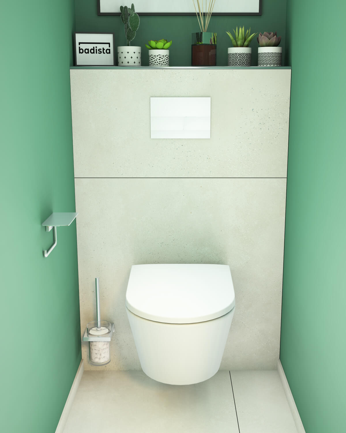 Web-jungle-badidee-wc Duravit WC gestaltet mit grünen Wänden, Hansgrohe Accessoires und moderner TECE Drückertaste.
