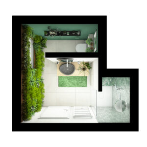 Pflanzenoase im Badezimmer mit Flusssteinbecken, Sanipa Badmöbeln, großer Dusche und Duravit WC.