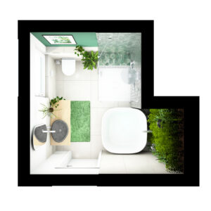 Badezimmer aus Vogelperspektive mit vielen grünen Pflanzen, Flusssteinbecken, großer Dusche und freistehender Badewanne.