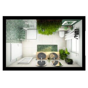 Badezimmer aus Vogelperspektive mit vielen grünen Pflanzen, Flusssteinbecken, großer Dusche und passenden Accessoires.