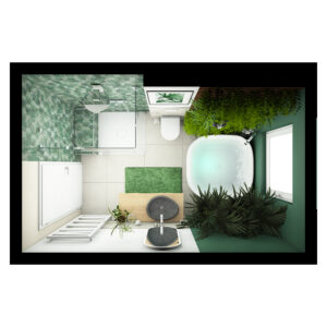 Badezimmer von oben mit Dusche, Badewanne, grüner Wanddekoration und Pflanzen für ein frisches Ambiente.