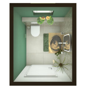 Gäste WC mit Flusssteinbecken, Sanipa Badmöbeln, Duravit WC, grünen Aktzenten und großformatigen hellen Fliesen.