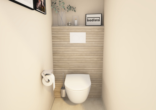 Komfortabel eingerichtete Nische mit einem Geberit WC, naturfarbenen Fliesen und Keuco Accessoires.