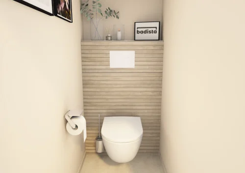 Komfortabel eingerichtete Nische mit einem Geberit WC, naturfarbenen Fliesen und Keuco Accessoires.