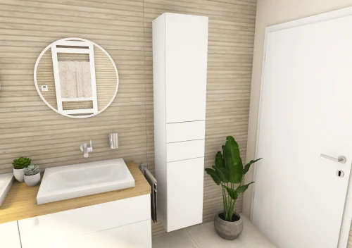 Geberit Aufsatzwaschtische kombiniert mit Burgbad Möbeln in einem designorientiertem Badezimmer.
