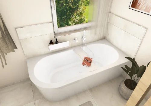 Natürliche, großformatige Fliesen in einem Badezimmer mit einer halbfreistehenden Bette Badewanne in 185x85cm.