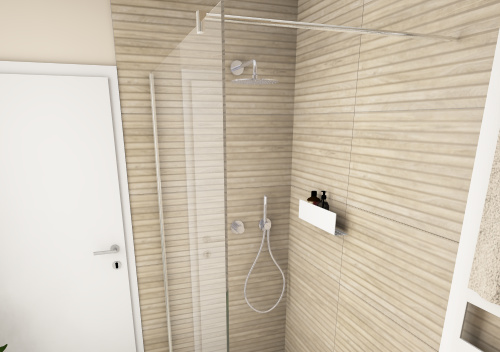 Kermi Walk-In Duschwand mit Keuco Armaturen und hellbraunen Fliesen in Holzoptik lassen das Badezimmer großzügig wirken.
