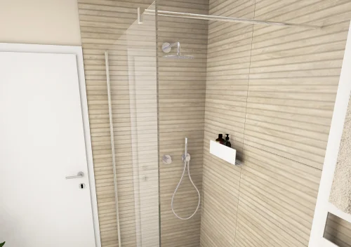 Kermi Walk-In Duschwand mit Keuco Armaturen und hellbraunen Fliesen in Holzoptik lassen das Badezimmer großzügig wirken.