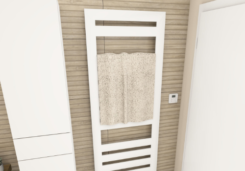 Großformatige Fliesen in Holzoptik mit einem elektrischen Zehnder Badheizkörper.