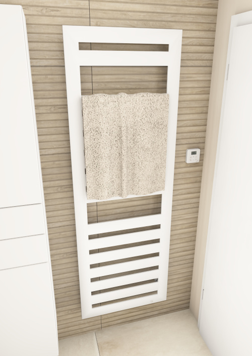 Großformatige Fliesen in Holzoptik mit einem elektrischen Zehnder Badheizkörper.