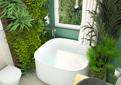 Duravit Badewanne mit Blick ins Grüne, umgeben von Pflanzen für ein entspannendes Spa-Erlebnis in natürlicher Atmosphäre.