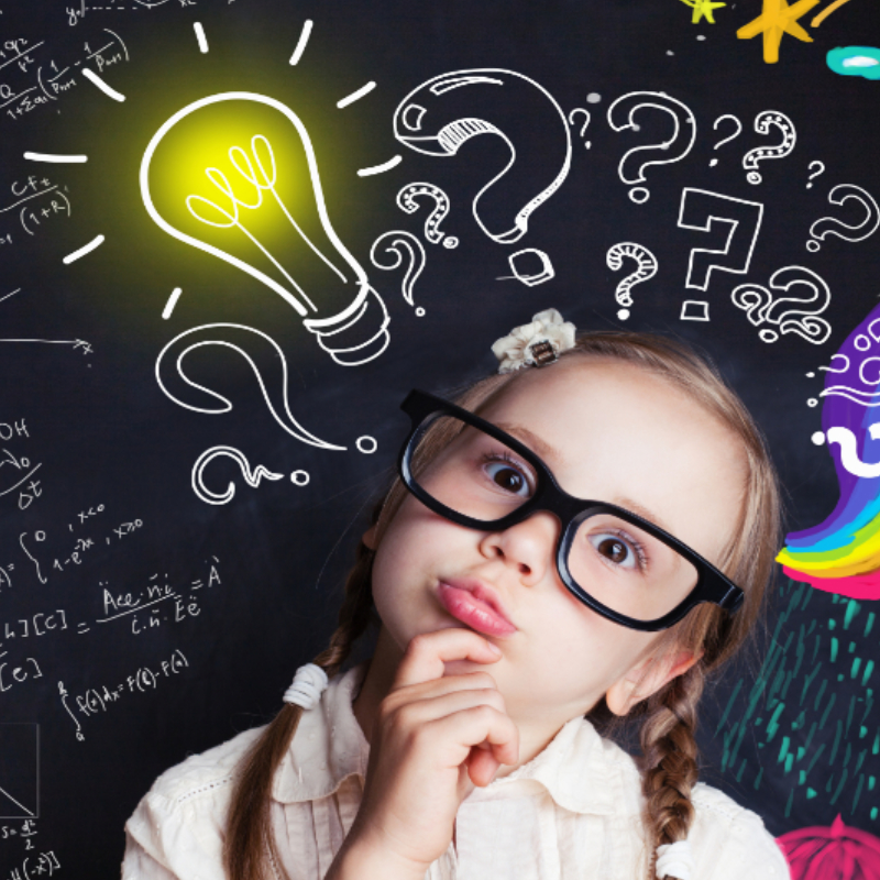 Nachdenkliche Kinder Schule Schüler mit gelben Glühbirne und Schule und Kindheit liefert Design-Elemente. Kind-Ideen und Entwicklungskonzept