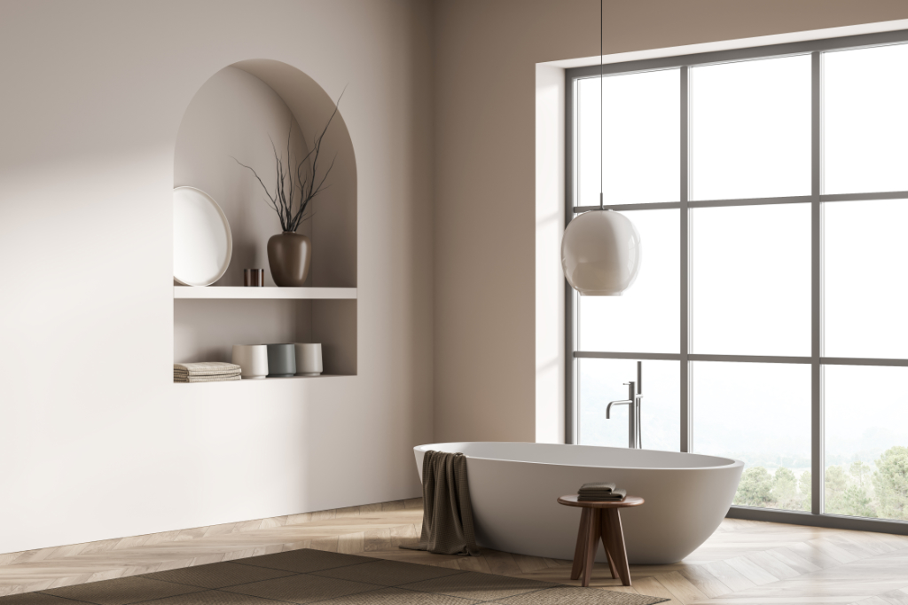 Modernes Badezimmerinterieur mit Keramikbadewanne. Weiße Wände, Holzboden. Panoramafenster. 3D-Rendering.