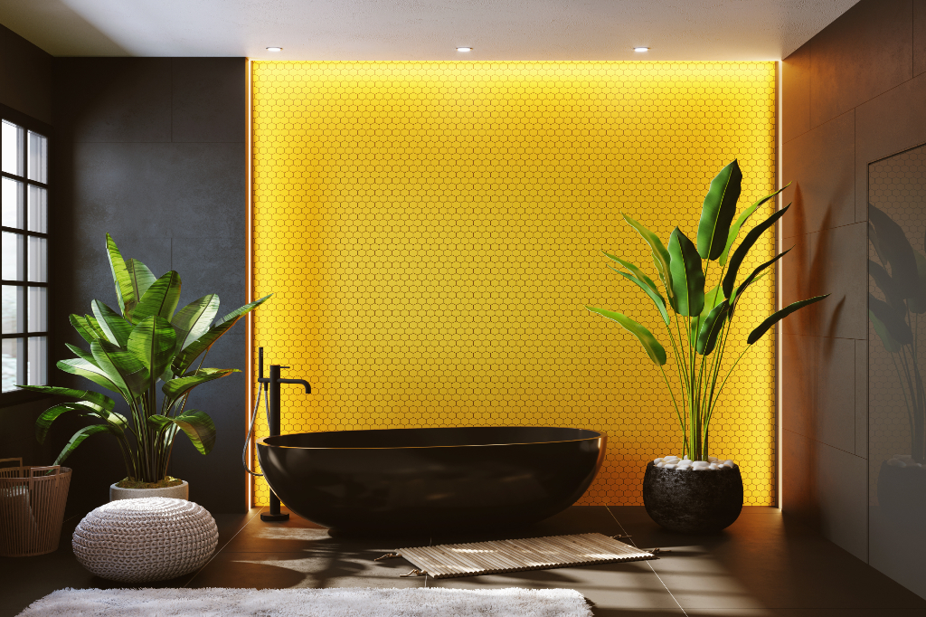 3D-Rendering. Interieur eines modernen Badezimmers mit einem gelben Mosaik an der Wand. Rechteckiger Spiegel und rundes schwarzes Waschbecken.