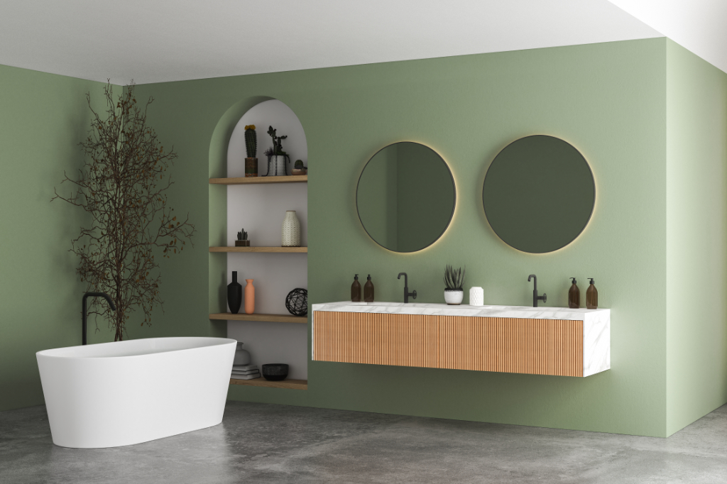 Modernes Badezimmerinterieur mit grünen und weißen Wänden, Duschbereich, Waschbecken mit Spiegeln, Regal, Badewanne und grauem Betonboden. 3D-Rendering