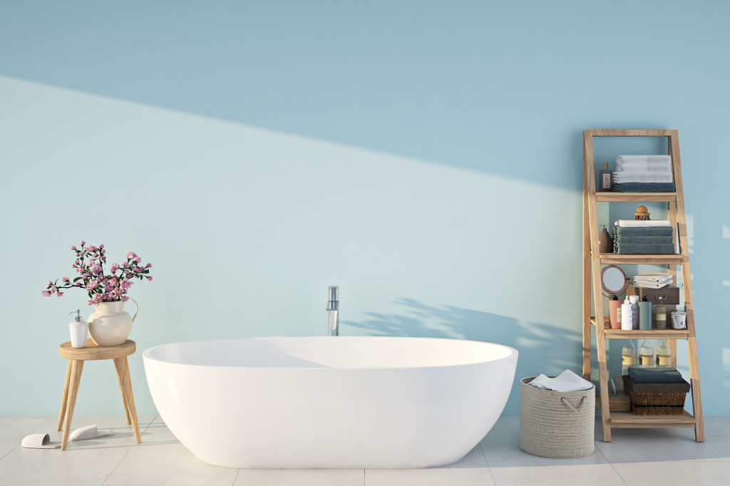 3D-Rendering. Spa-Badezimmer mit blauer Wand