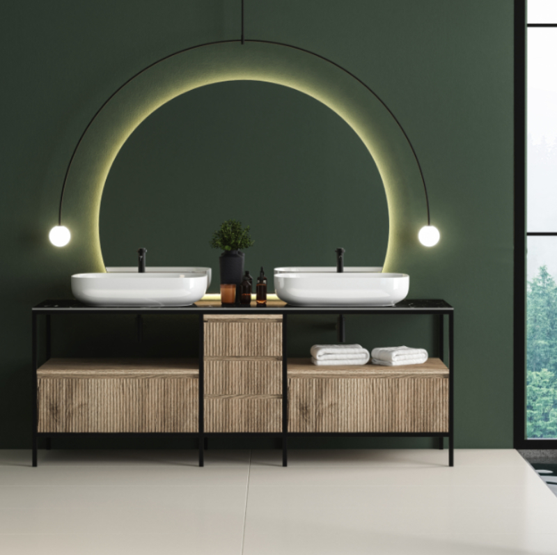 Modernes, minimalistisches Badezimmerinterieur mit dunkelgrüner Wand, luxuriöser Badezimmerschrank mit Doppelwaschbecken, Innenbepflanzung, Pool, Marmorarbeitsplatte, Waldblick aus dem Fenster. Gemütliches Baddesign. 3D-Rendern