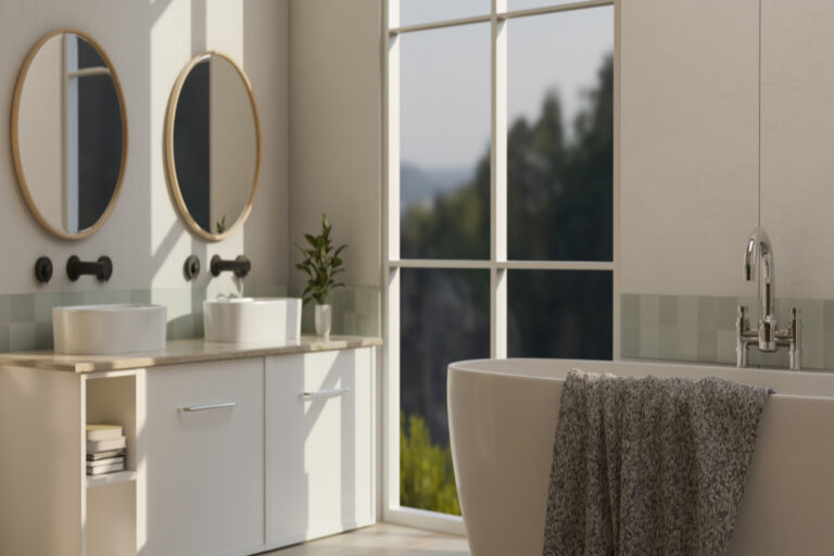 Innenarchitektur von moderner Eleganz weißes Badezimmer mit Badewanne, Doppelwaschbecken und Spiegeln.