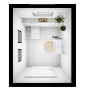 16-web_pure_grundriss-badidee-01-badista Gäste WC mit einem Geberit Handwaschbecken und einer wandhängenden Toilette, dazu helle, großformatige Fliesen.