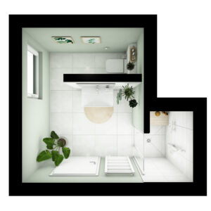 17-web_pure_grundriss-badidee-02-badista Dezent gestaltetes Badezimmer aus der Vogelperspektive mit einer großen Dusche, Waschtisch, WC und Badheizkörper.