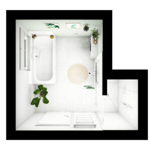 18-web_pure_grundriss-badidee-03-badista Dezent gestaltetes Badezimmer aus der Vogelperspektive mit einer großen Dusche, Badewanne, Waschtisch, WC und Badheizkörper.
