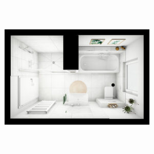19-web_pure_grundriss-badidee-04-badista Dezent gestaltetes Badezimmer aus der Vogelperspektive mit einer großen Dusche, Badewanne, Waschtisch, WC und Badheizkörper.