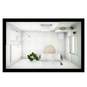 20-web_pure_grundriss-badidee-05-badista Helles Badezimmer aus der Vogelperspektive mit einer großen Dusche, Doppelwaschtischanlage, WC und Badheizkörper.