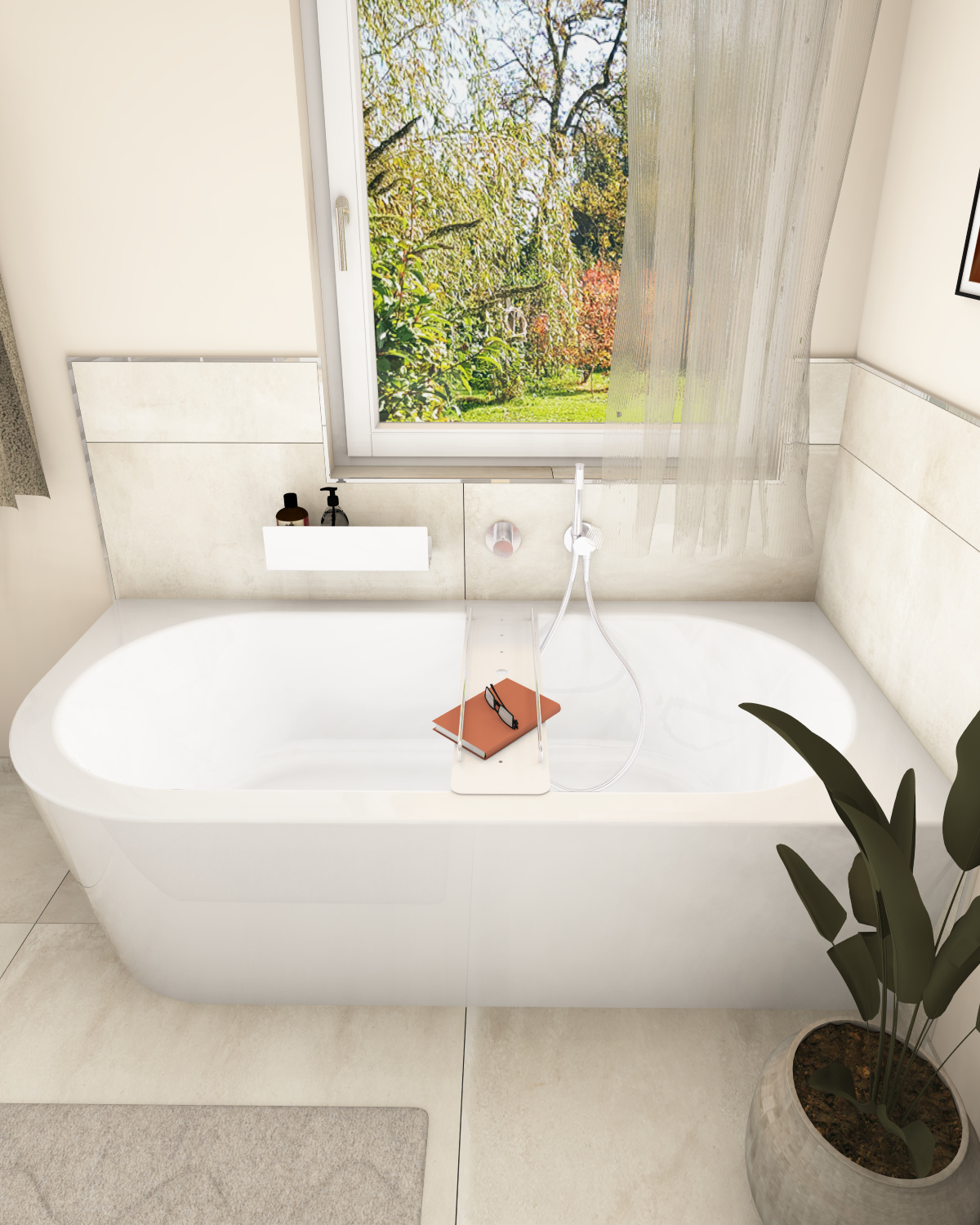 Web-cozy-badidee-badewanne Natürliche, großformatige Fliesen in einem Badezimmer mit einer halbfreistehenden Bette Badewanne in 185x85cm und Keuco Armaturen.