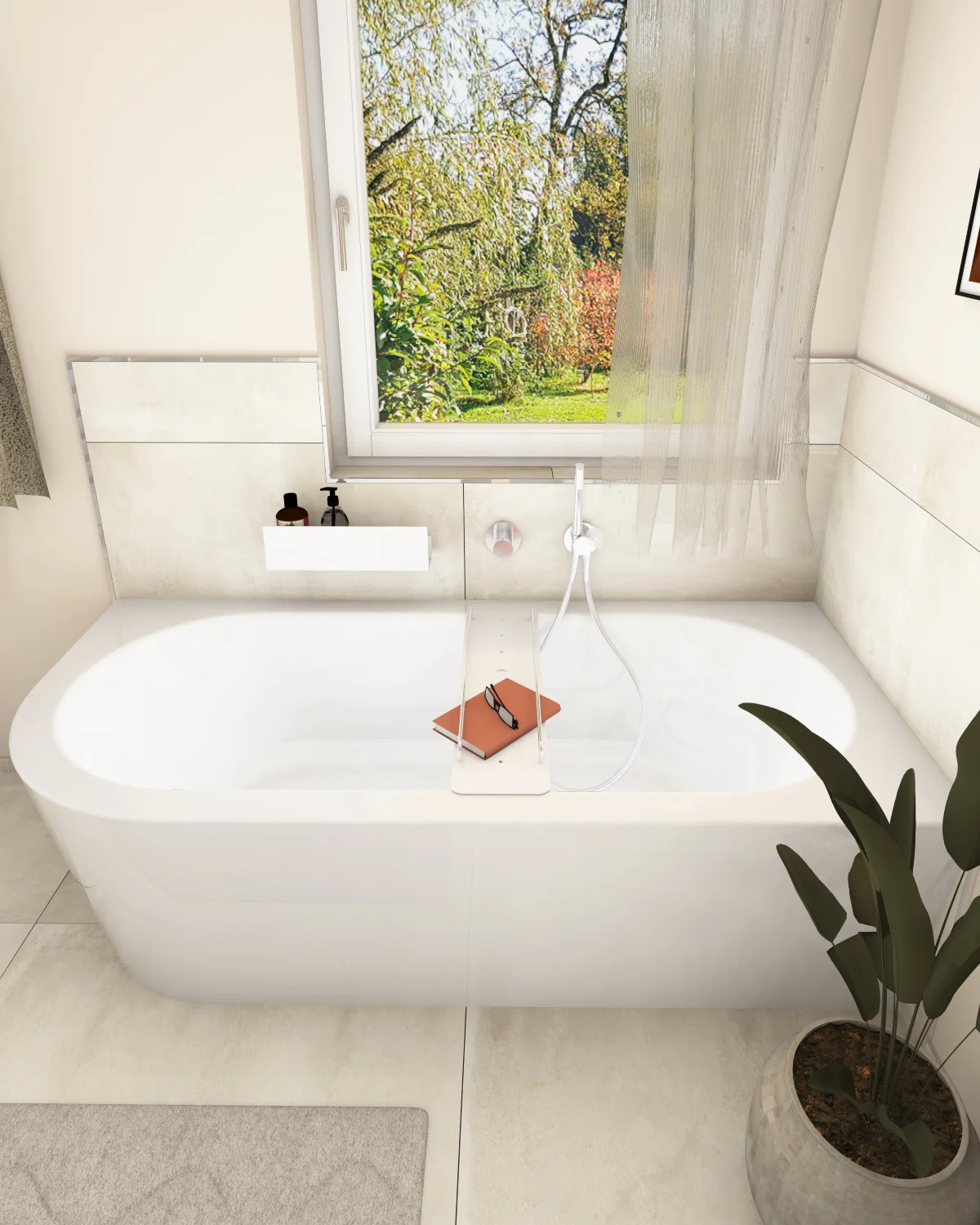 Web-cozy-badidee-badewanne Natürliche, großformatige Fliesen in einem Badezimmer mit einer halbfreistehenden Bette Badewanne in 185x85cm und Keuco Armaturen.