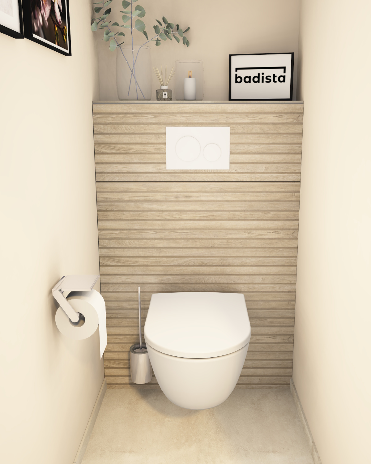 Web-cozy-badidee-wc Komfortabel eingerichtete Nische mit einem Geberit WC, naturfarbenen Fliesen und Keuco Accessoires.
