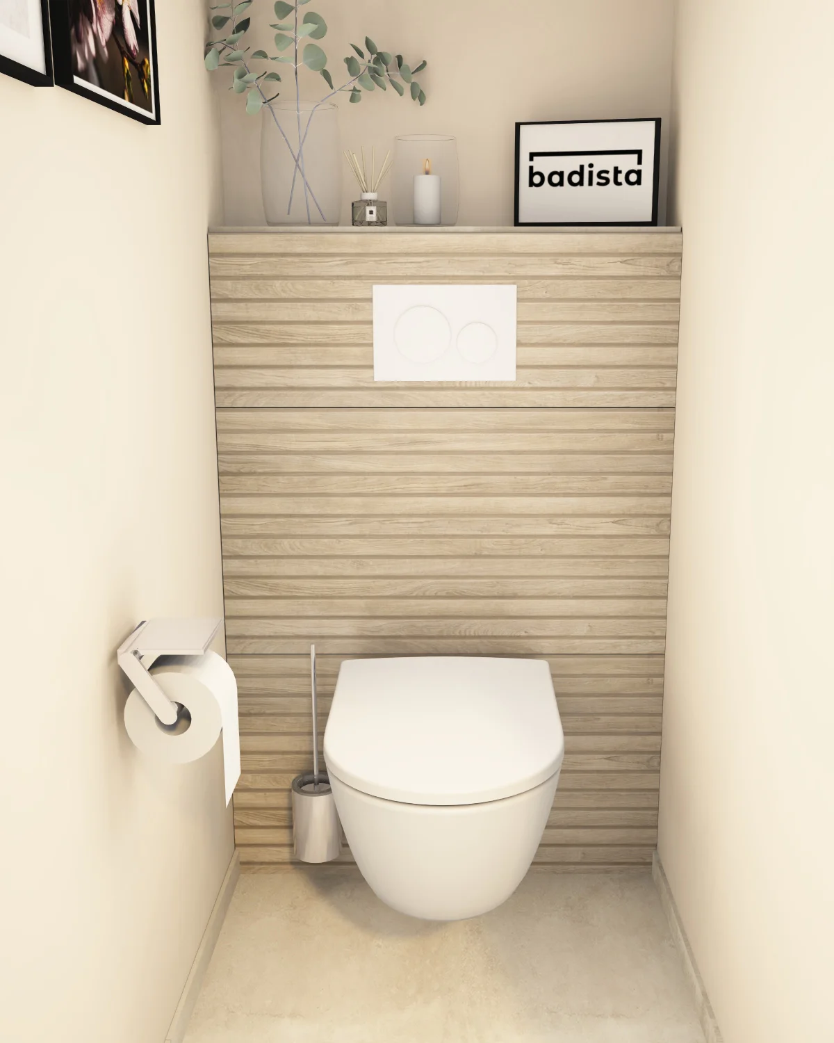 Web-cozy-badidee-wc Komfortabel eingerichtete Nische mit einem Geberit WC, naturfarbenen Fliesen und Keuco Accessoires.