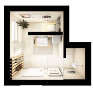 Schickes Badezimmer in Vogelperspektive ausgestattet mit großer Dusche, Burgbad Waschtisch, Geberit WC und Zehnder Badheizkörper.