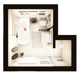 Trendiges Badezimmer in Vogelperspektive ausgestattet mit Dusche, Badewanne, Waschtisch, WC und Badheizkörper.