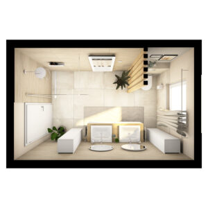 Schickes Badezimmer in Vogelperspektive ausgestattet mit begehbarer Dusche, Burgbad Doppelwaschtisch, WC und Badheizkörper.