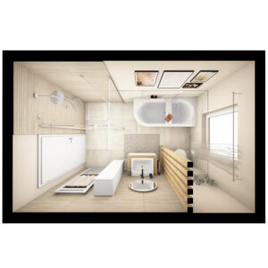 Trendiges Badezimmer in Vogelperspektive ausgestattet mit Dusche, Badewanne, Waschtisch, WC und Badheizkörper.