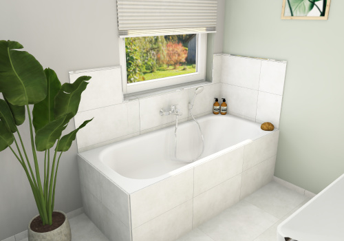 Helle Fliesen verkleiden eine Bette Stahl Badewanne mit Hansgrohe Aufputz Armaturen und dezenter Dekoration.