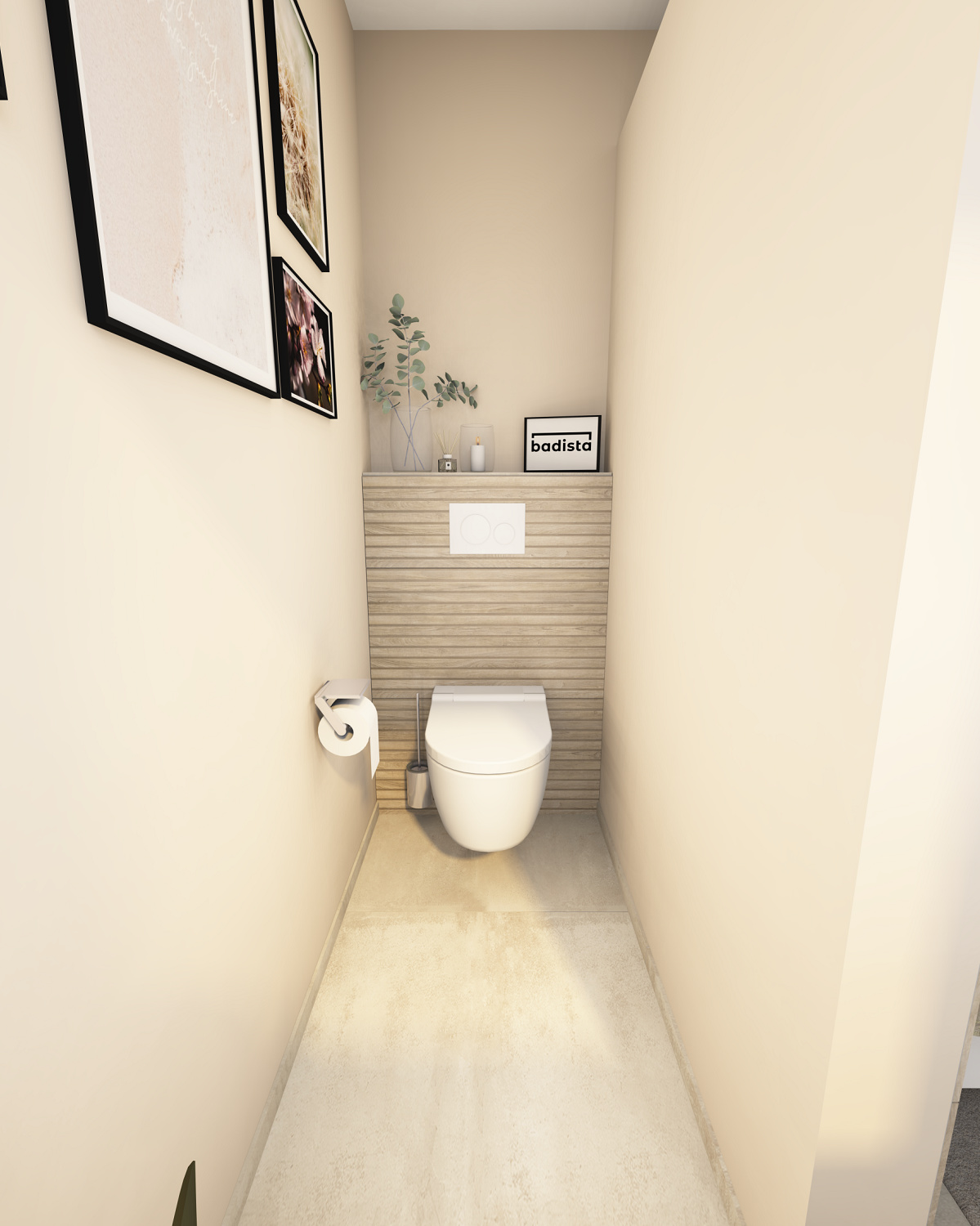 web-cozy-1200×1500-dusch-wc-badista Geberit Dusch-WC in einem Badezimmer mit Holzoptik und naturfarbenen Fliesen.