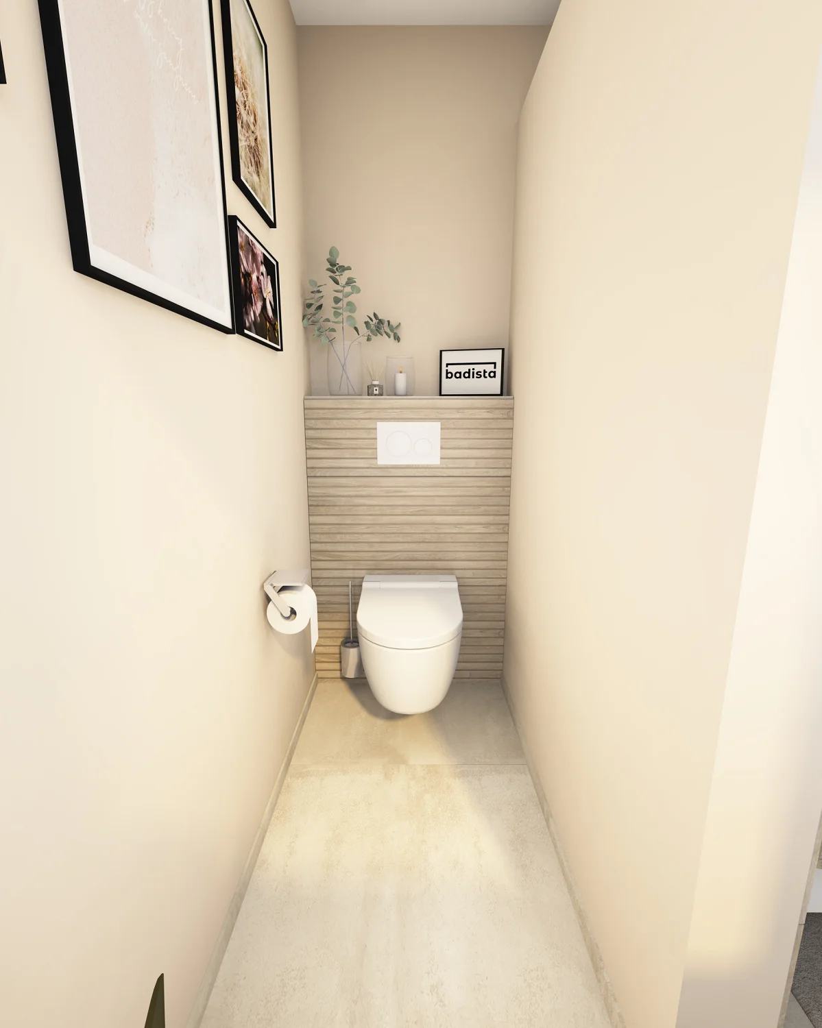 web-cozy-1200×1500-dusch-wc-badista Geberit Dusch-WC in einem Badezimmer mit Holzoptik und naturfarbenen Fliesen.