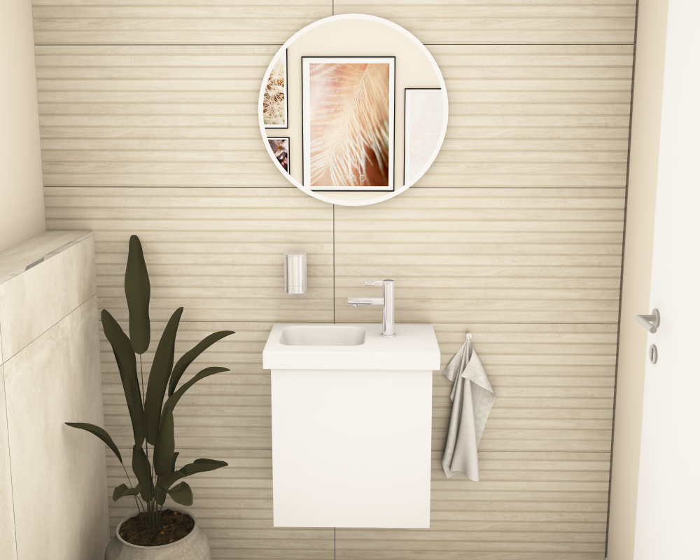web-cozy-gaestebad-badidee-1000×800-badista Platzsparendes Geberit Handwaschbecken mit Keuco Armatur in einem naturverbundenem Gäste WC.