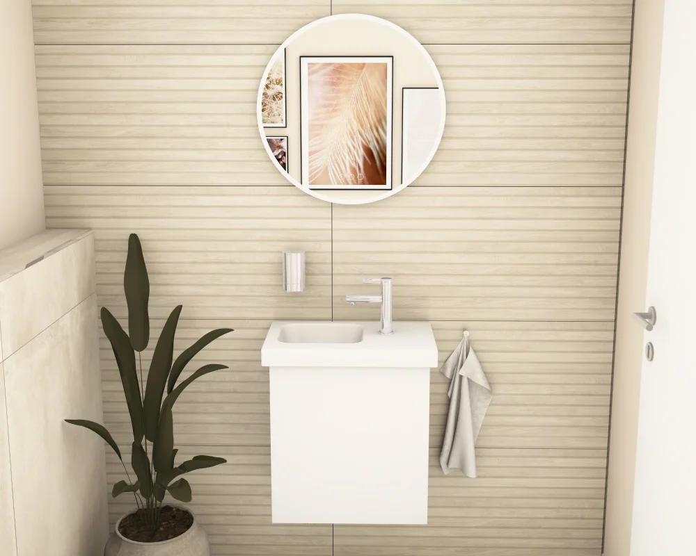 web-cozy-gaestebad-badidee-1000×800-badista Platzsparendes Geberit Handwaschbecken mit Keuco Armatur in einem naturverbundenem Gäste WC.