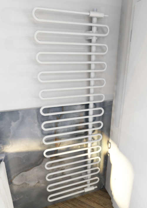 Kermi Icaro Badheizkörper gezeigt an einer Fliesenwand in Marmoroptik.