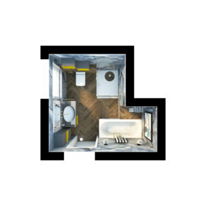 Elegantes Badezimmer mit Villeroy & Boch Waschtisch, WC, Dusche, Badewanne und Kermi Handtuchheizkörper.