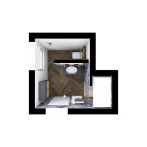 Elegantes Badezimmer ausgestattet mit Villeroy & Boch Waschtisch, WC, Dusche und Kermi Handtuchheizkörper.